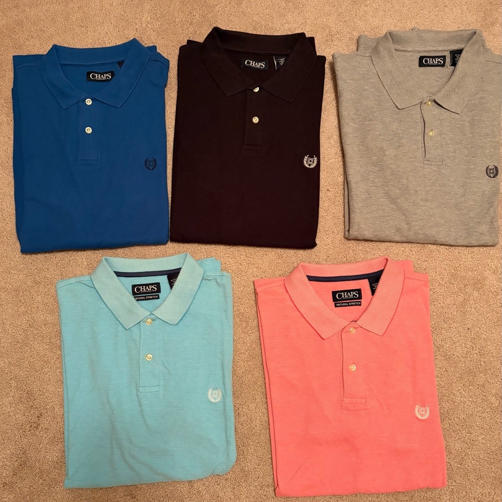 (5) Chaps Men's Polo Pack — Blue, Black, Light Gray, Aqua, Coral